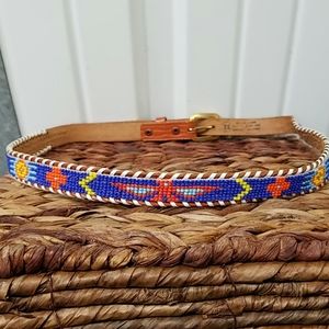 Native American Indian Thin Belt Leather Beaded